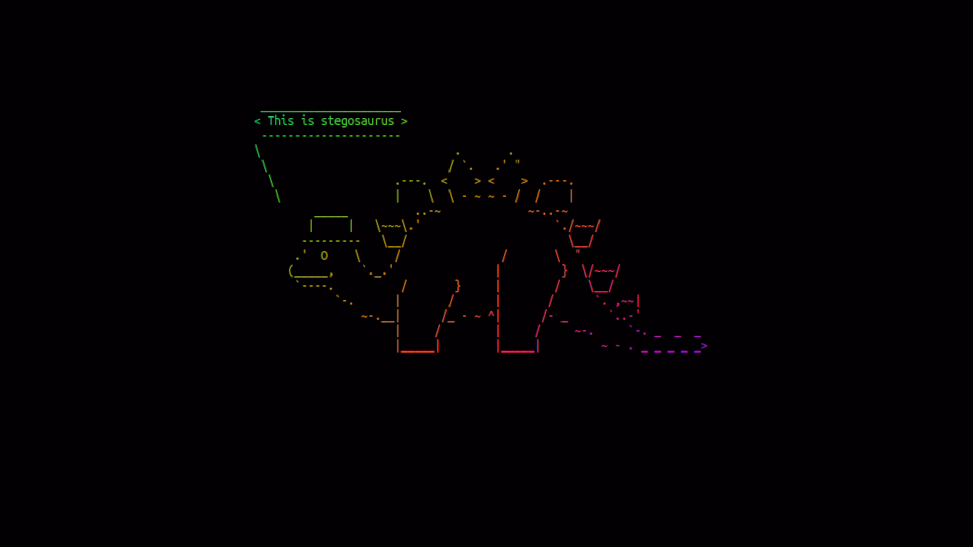 A stegosaurus drawn in rainbow ASCII characters on a black terminal, labelled 'This is stegosaurus'.