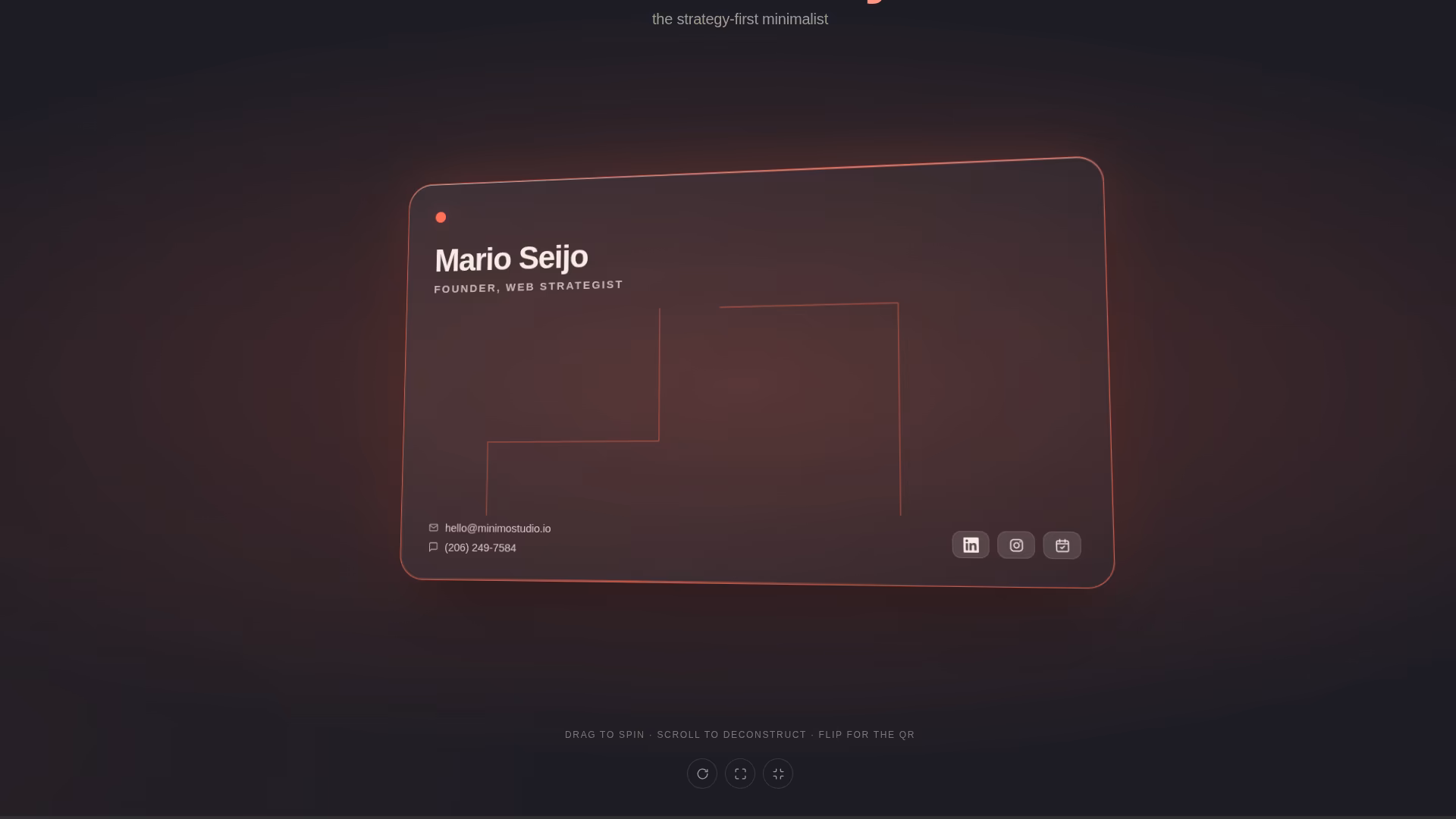 The digital business card in a dark browser window: Mario Seijo, founder and web strategist, with controls to spin, deconstruct and flip it.