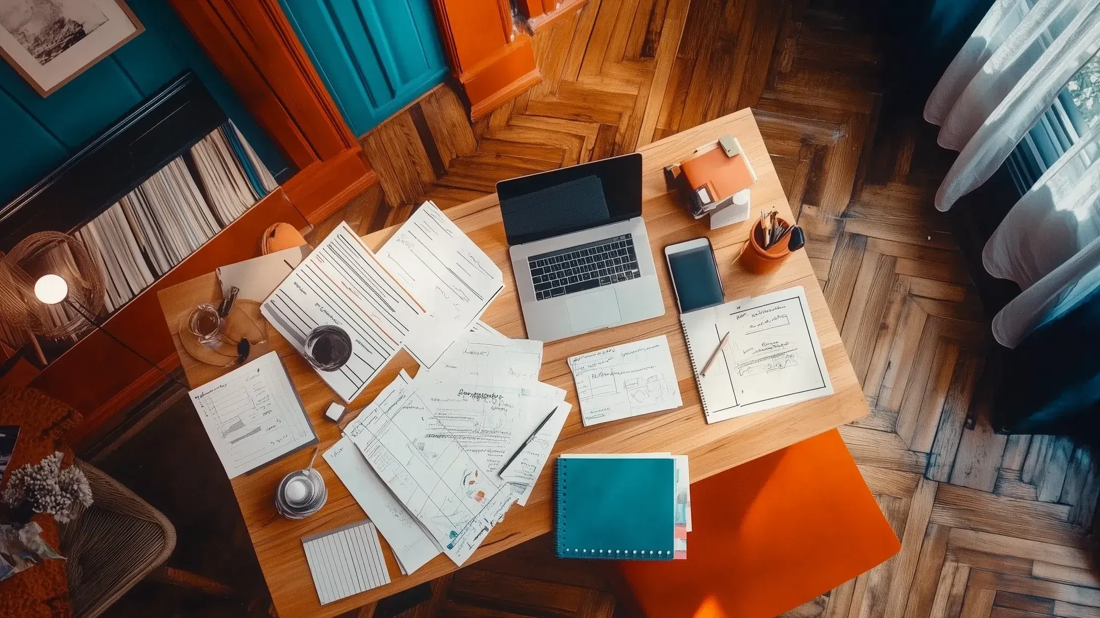An overhead view of a desk covered in scattered printouts and sketches around an open laptop and a notebook.