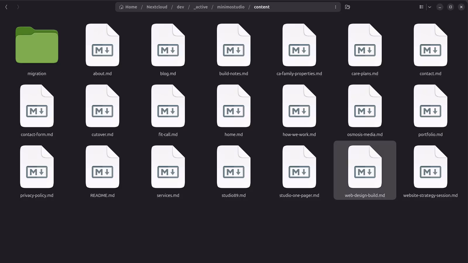 A folder of markdown files, one for each page of the new Minimo Studio website, where the copy was written before any design.