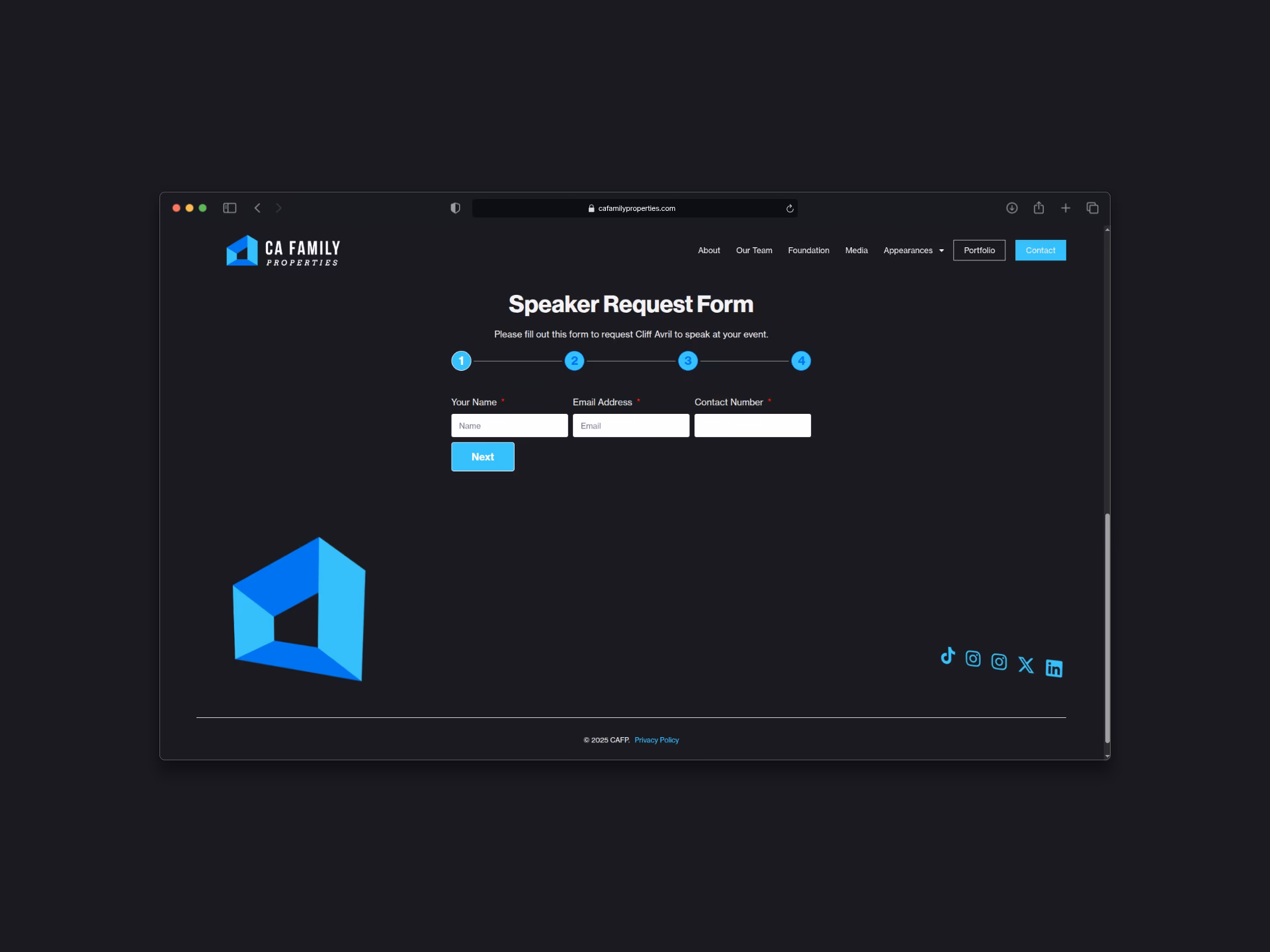 The Speaker Request Form on a laptop