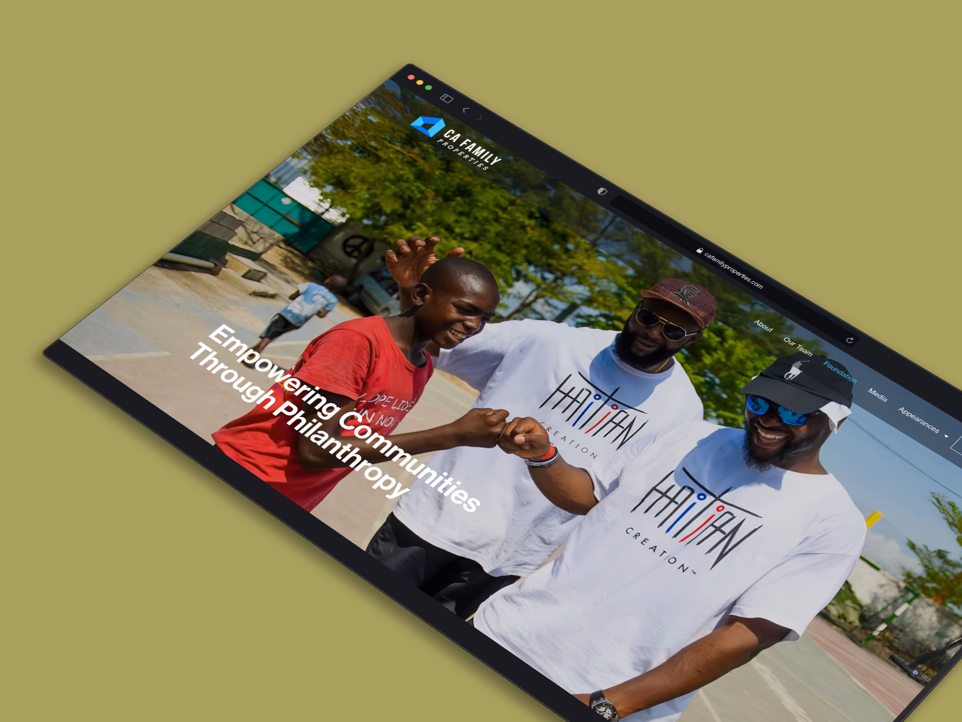 The Foundation page: Empowering Communities Through Philanthropy, over a photo of Cliff with young people from the community