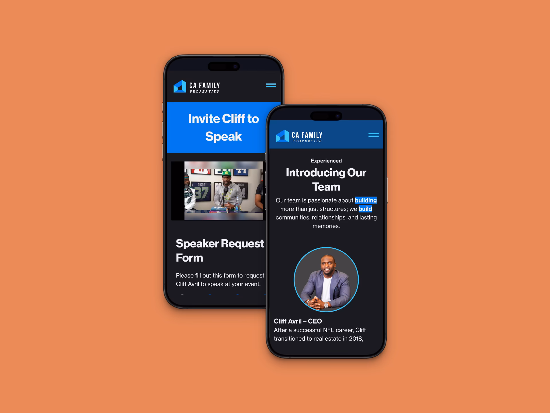 Phones showing Invite Cliff to Speak and the speaker request form