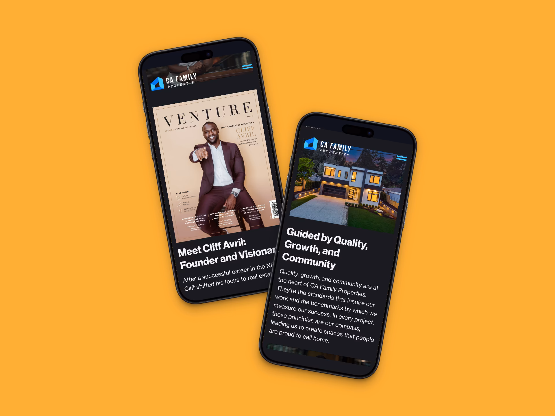 CA Family Properties site on two phones: Cliff Avril on the cover of Venture, and Guided by Quality, Growth, and Community