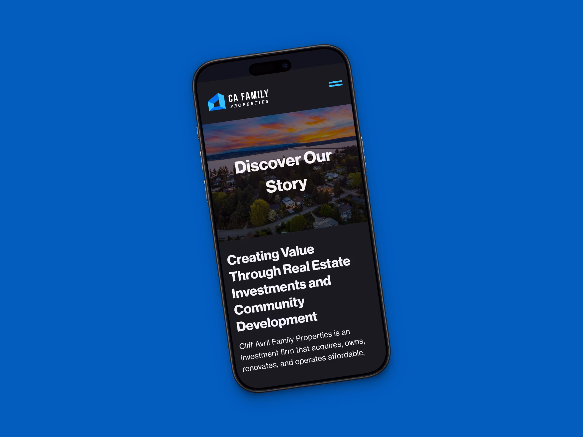 A phone showing Discover Our Story: Creating Value Through Real Estate Investments and Community Development