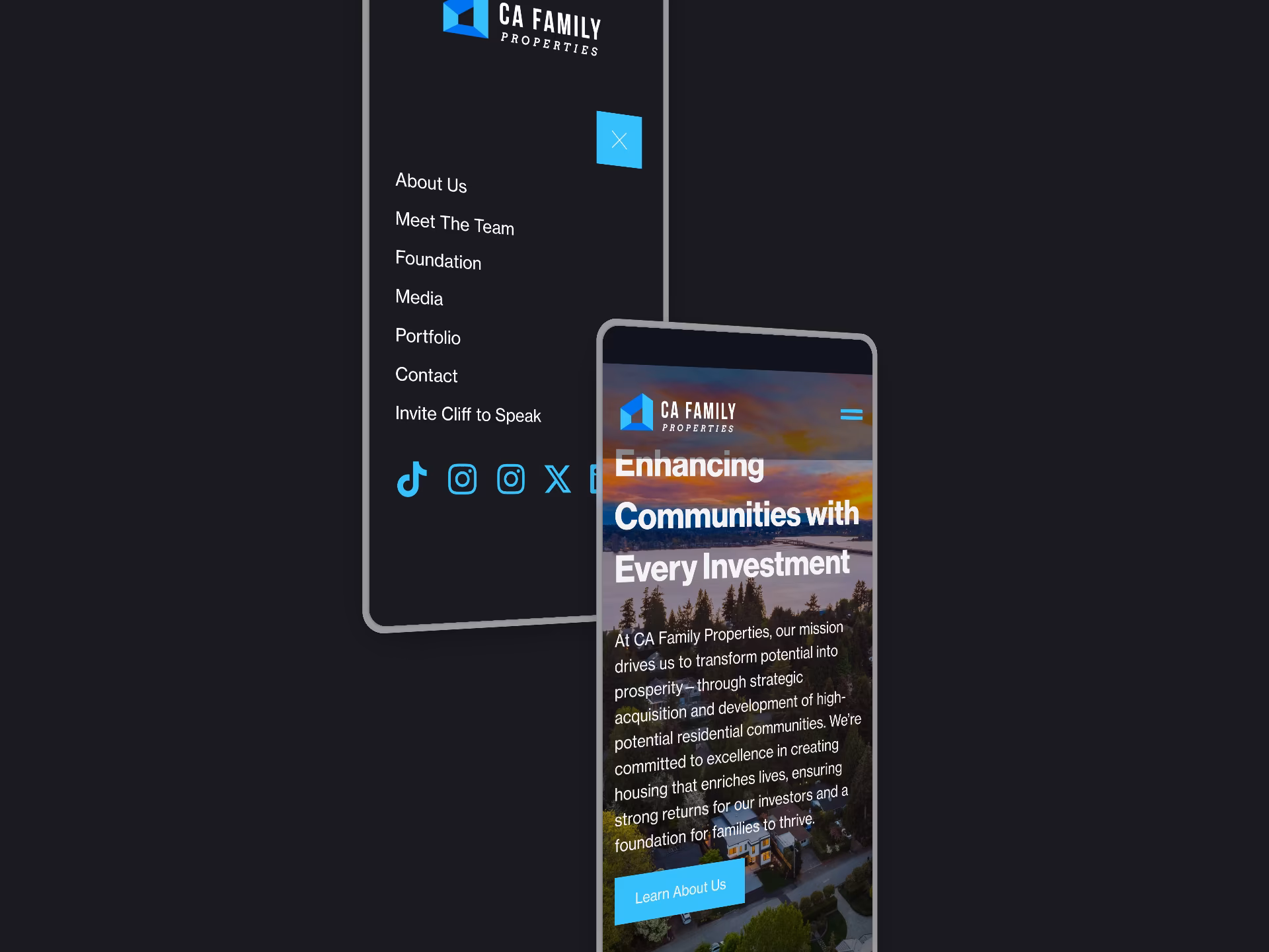 Two phones: the site menu, and the homepage headline Enhancing Communities with Every Investment