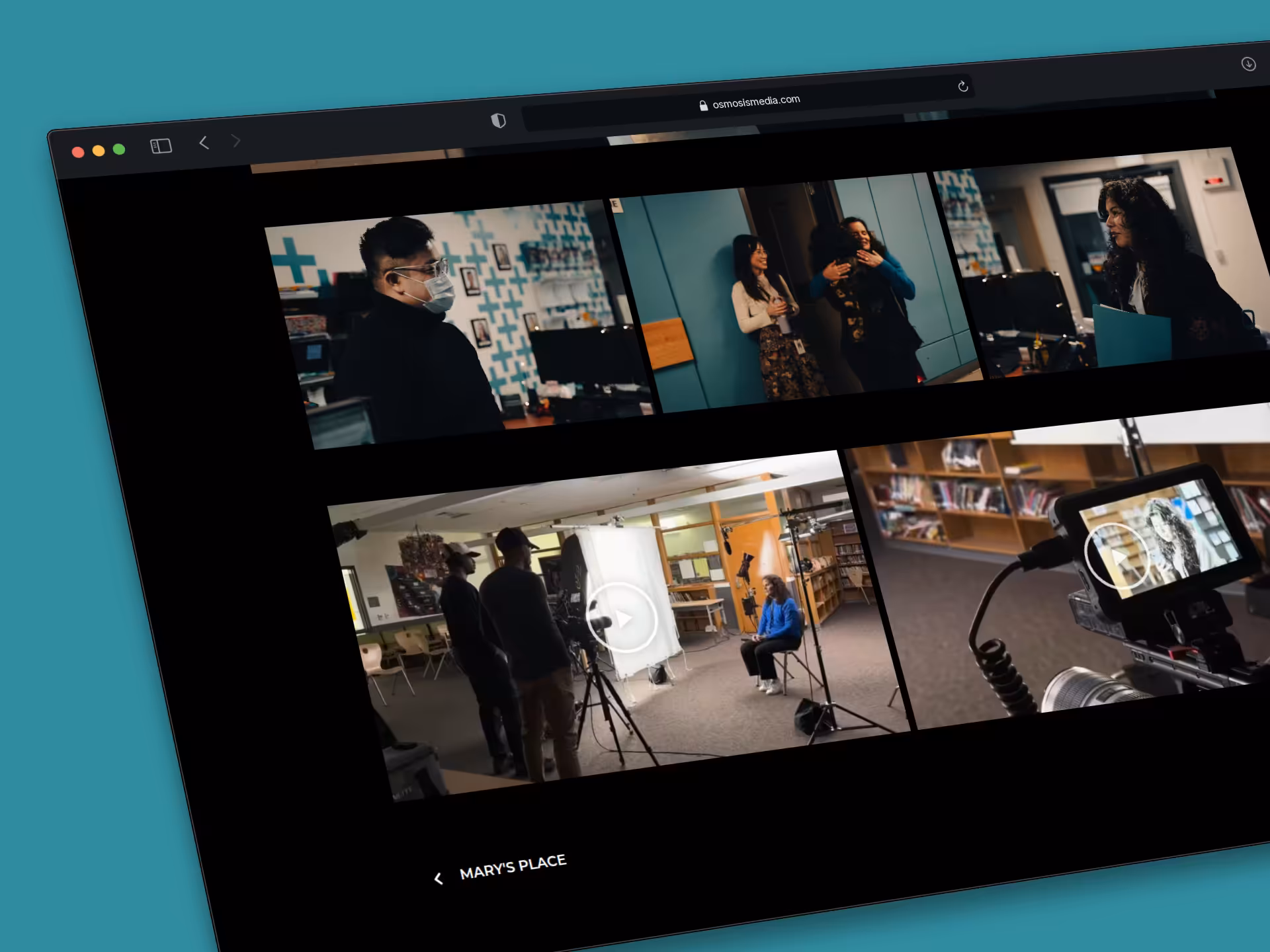 Behind the scenes of a Mary’s Place shoot, in a grid of stills on the site