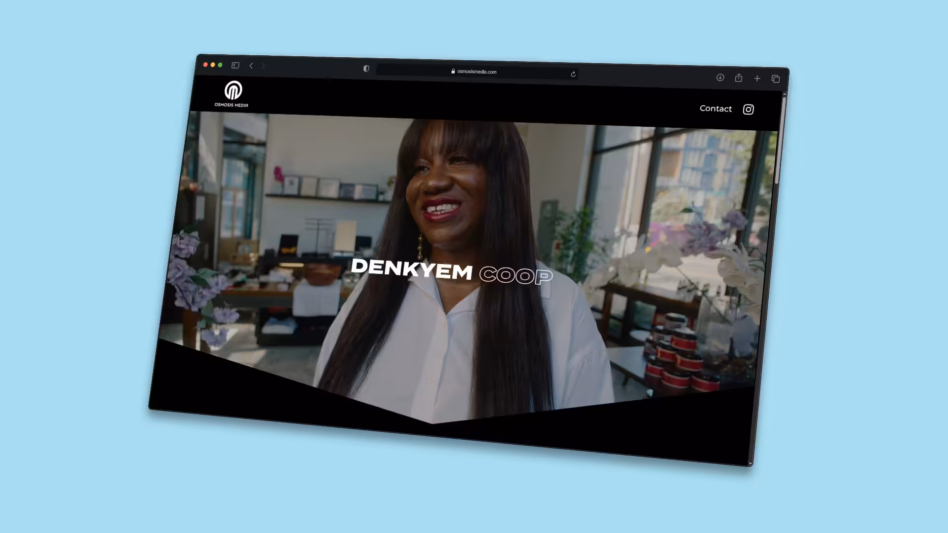 The Osmosis Media site in a browser: a Denkyem Co-op story, a woman smiling in the shop