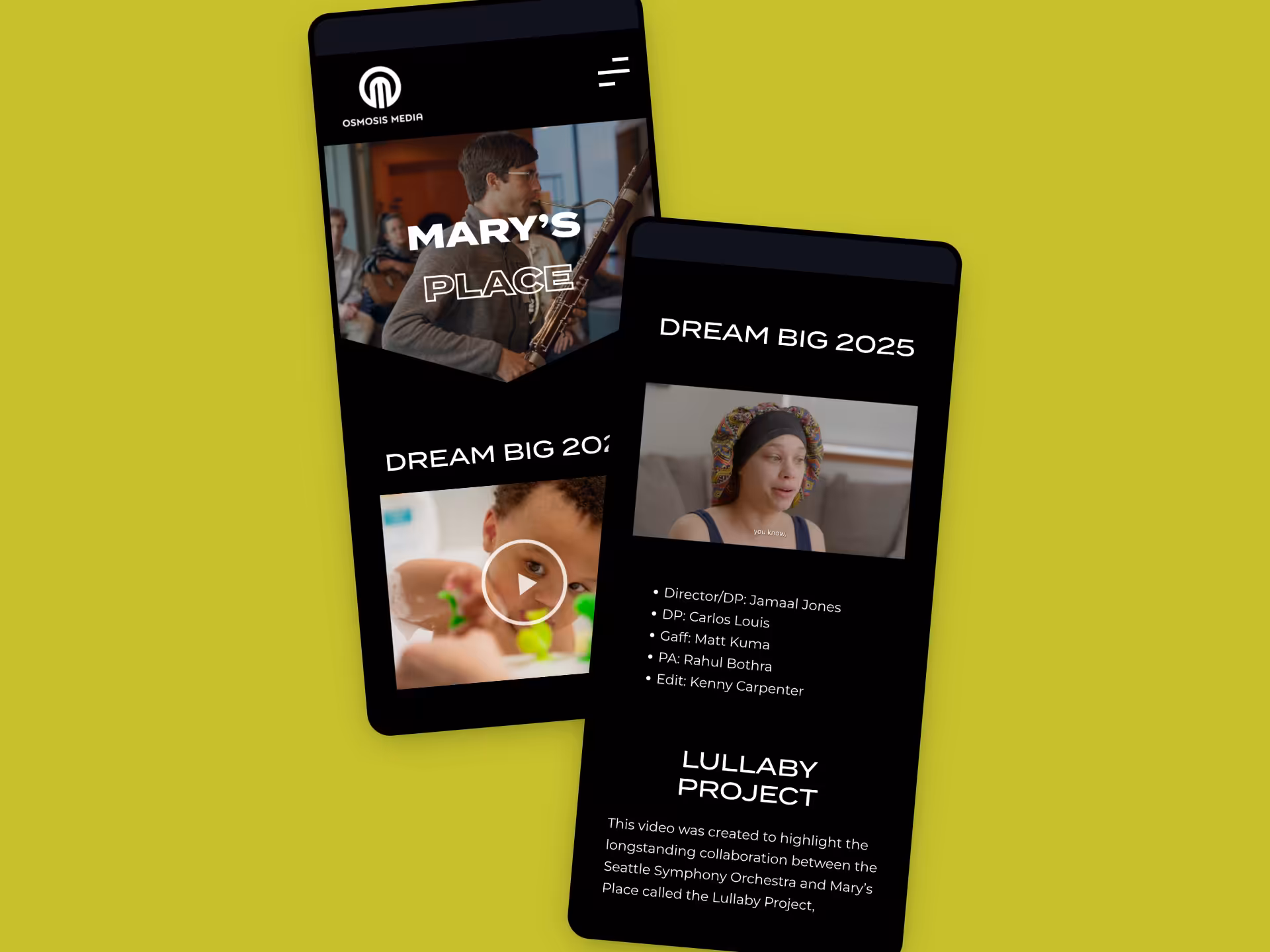Phones showing Mary’s Place, Dream Big 2025 and the Lullaby Project