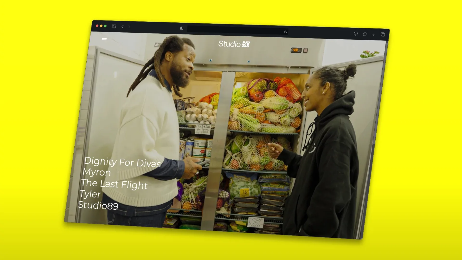 The Studio89 homepage in a browser on yellow: a still from Dignity for Divas, with the project list over it