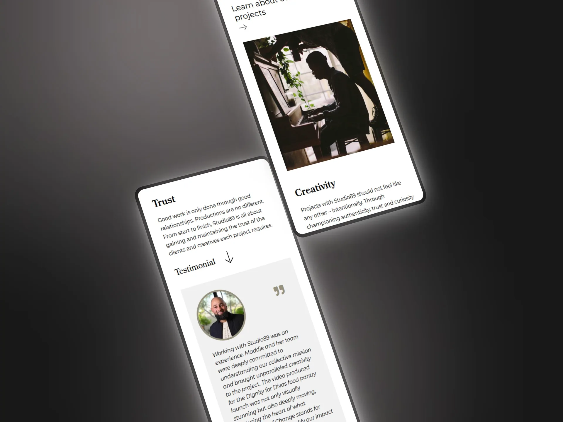 Two phones showing the Trust and Creativity sections, with a client testimonial