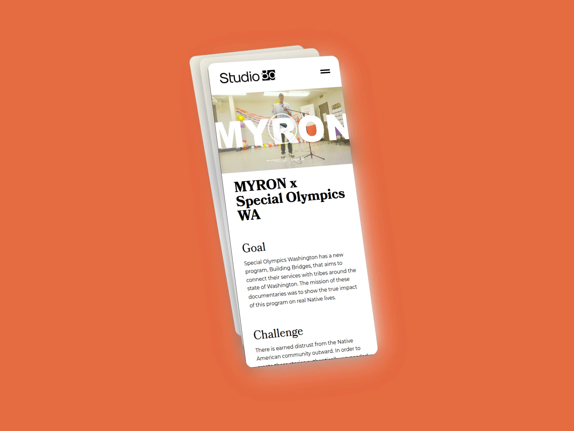 A phone showing the project page MYRON x Special Olympics WA