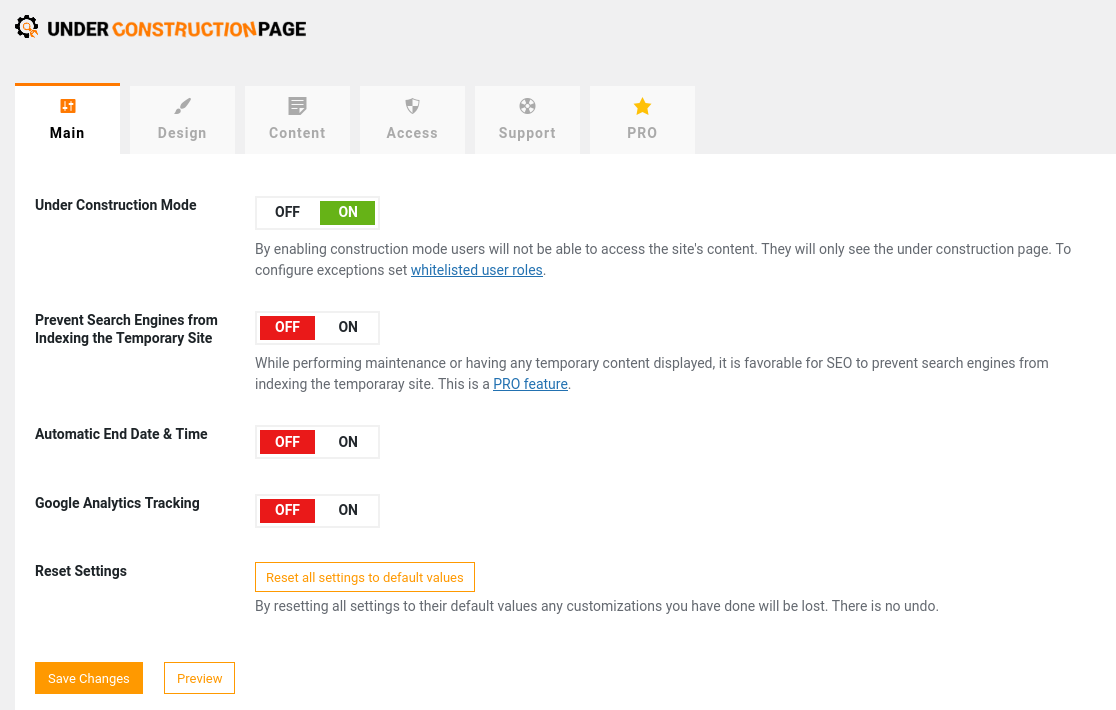 Screenshot of Under Construction Page Plugin settings
