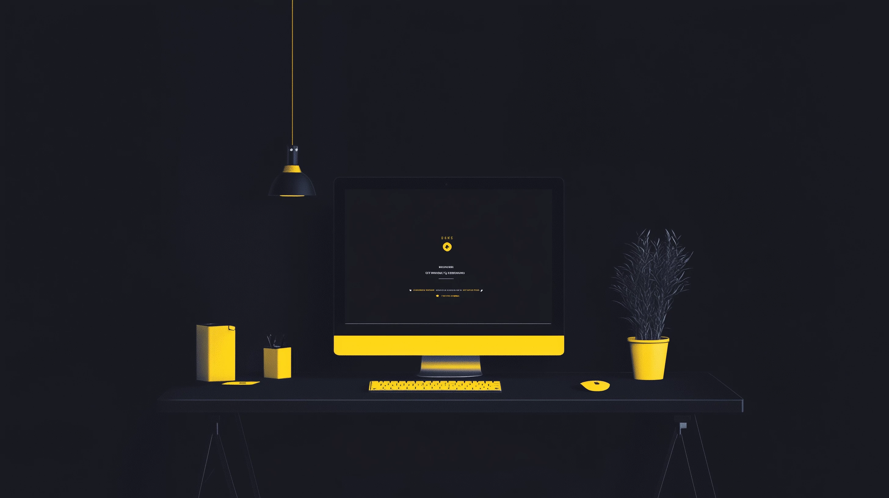a computer sits on a desk, minimalist scene