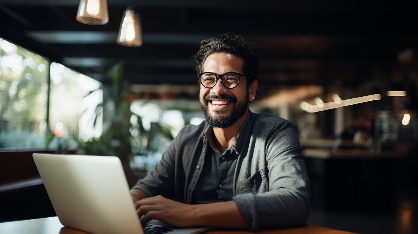 a latino man smiling in front of a laptop in a well lit office with big windows