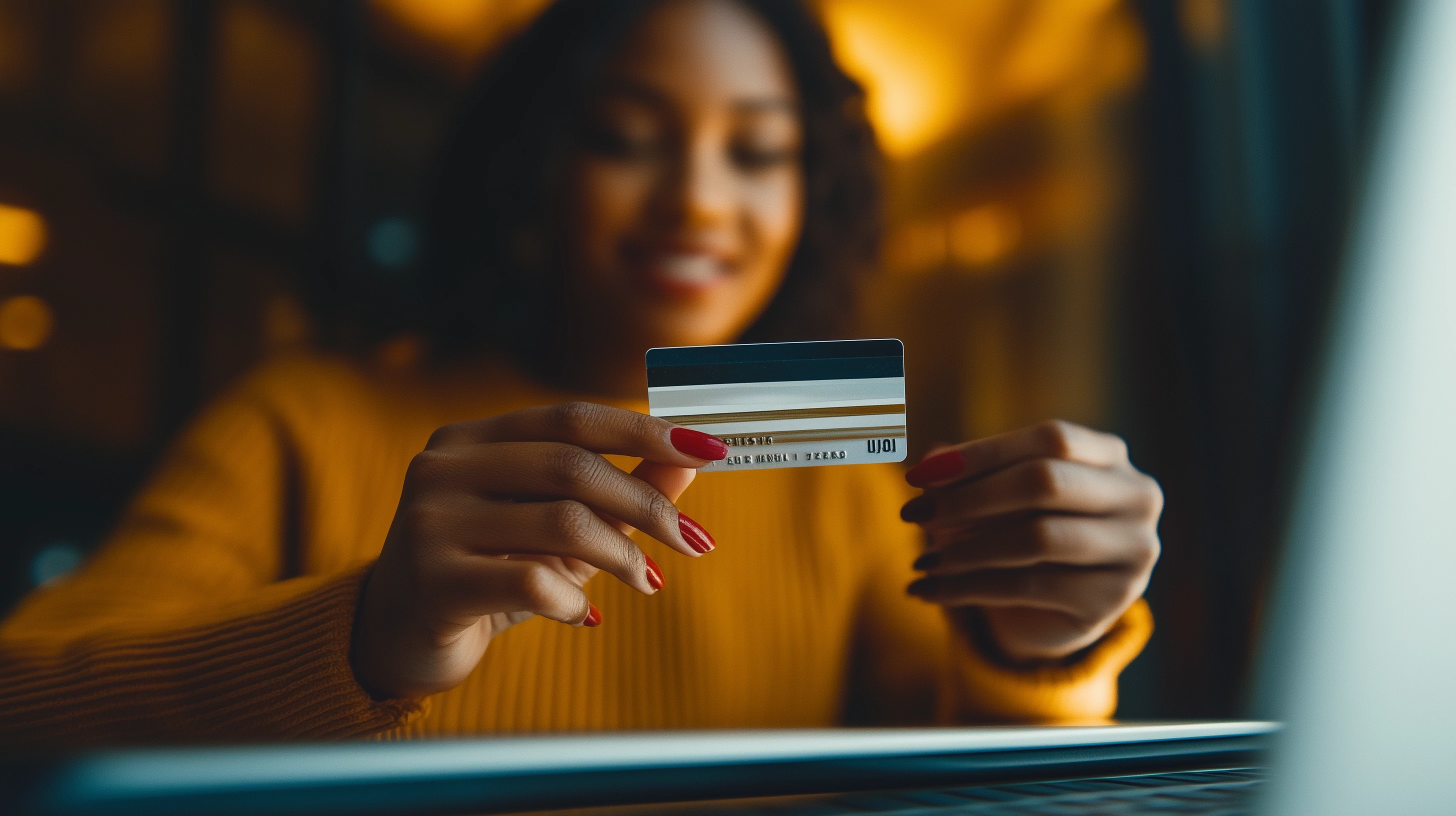 a diverse woman holding a credit card in front of a laptop