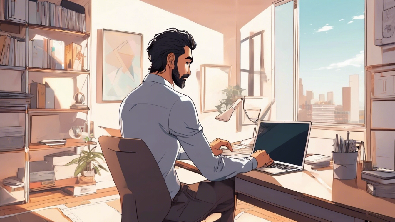 Latino businessman working on a laptop in a bright home office