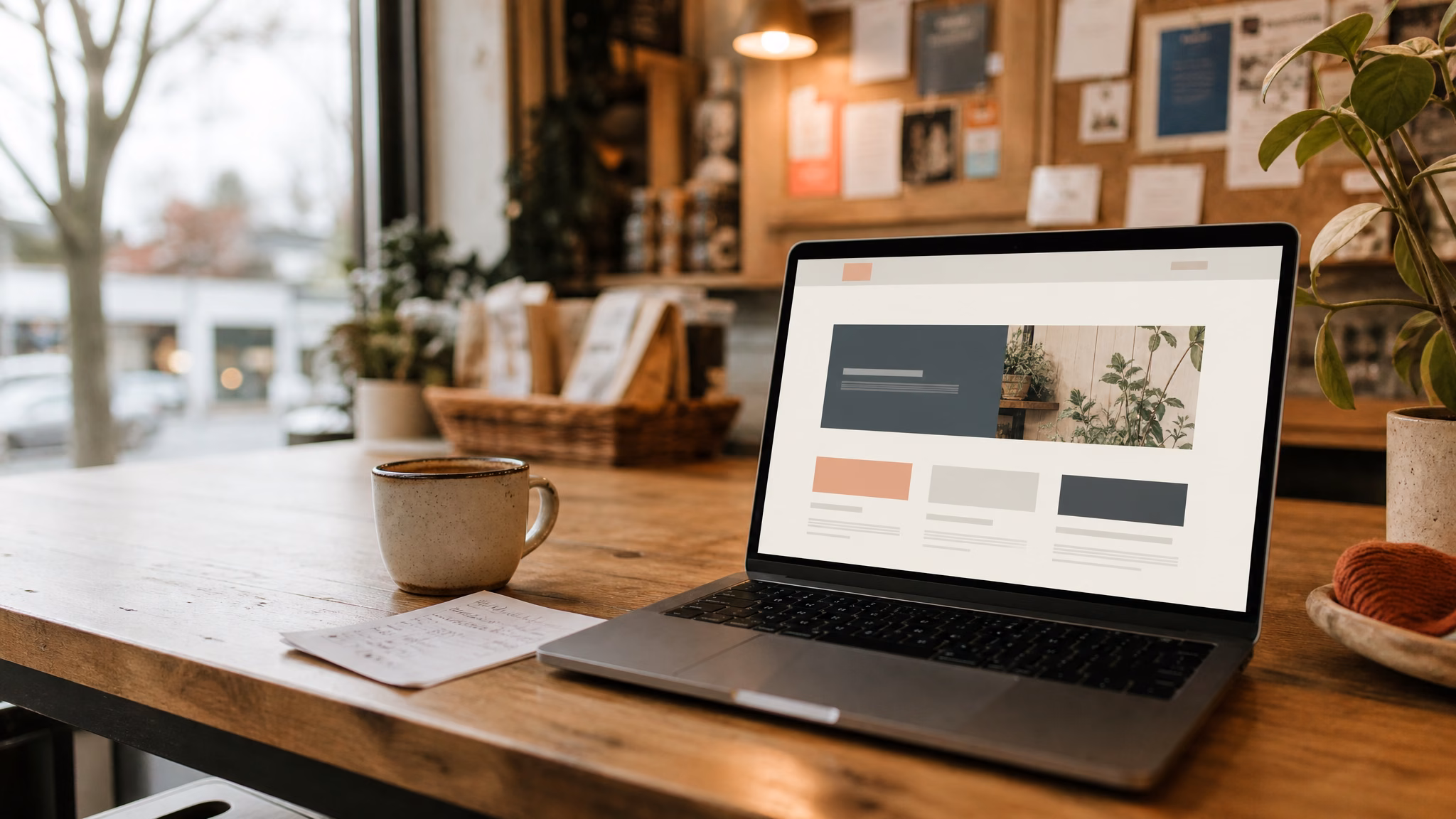 Laptop on a small business counter showing a simple website layout, with coffee and local shop details nearby.
