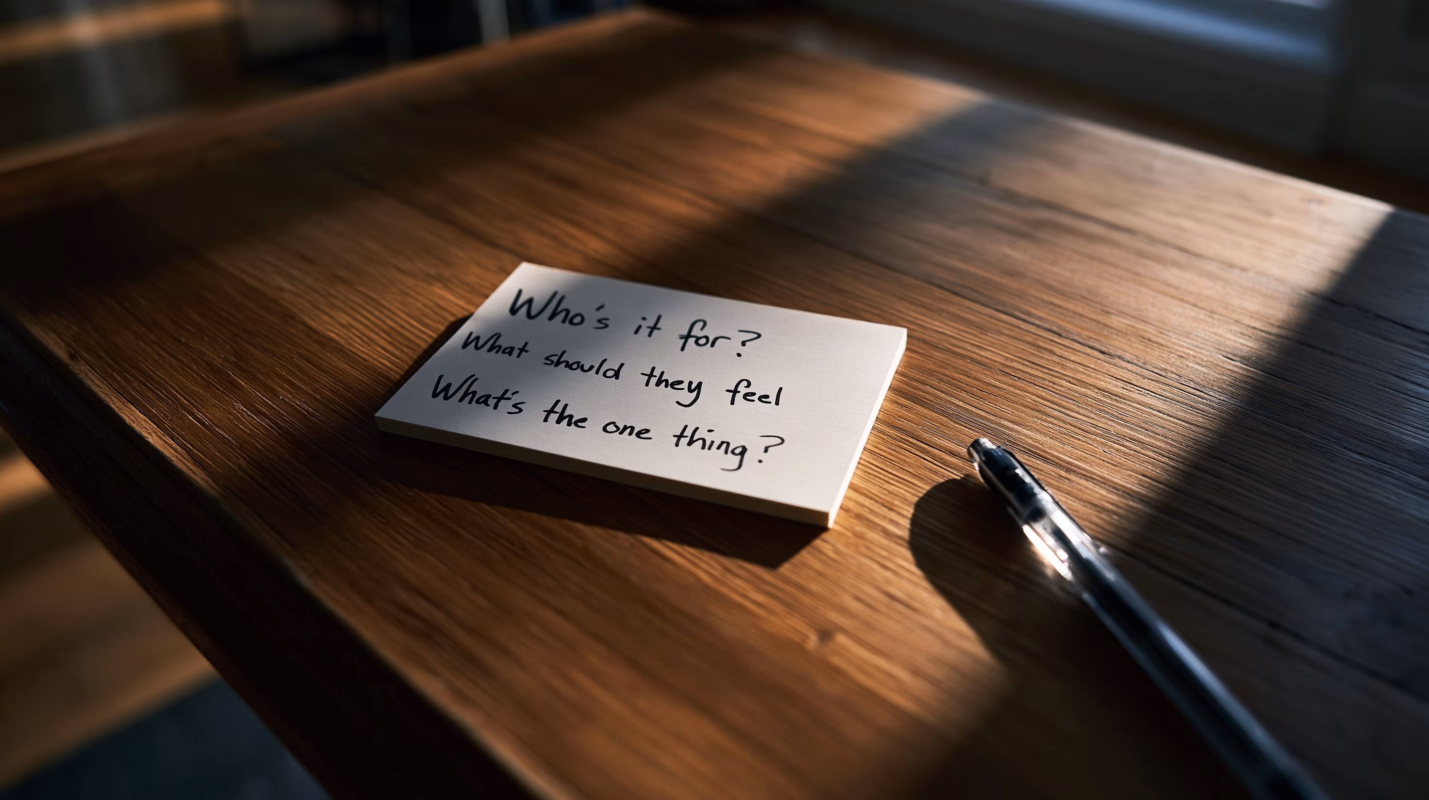 A handwritten index card with three strategy questions on a clean sunlit desk.