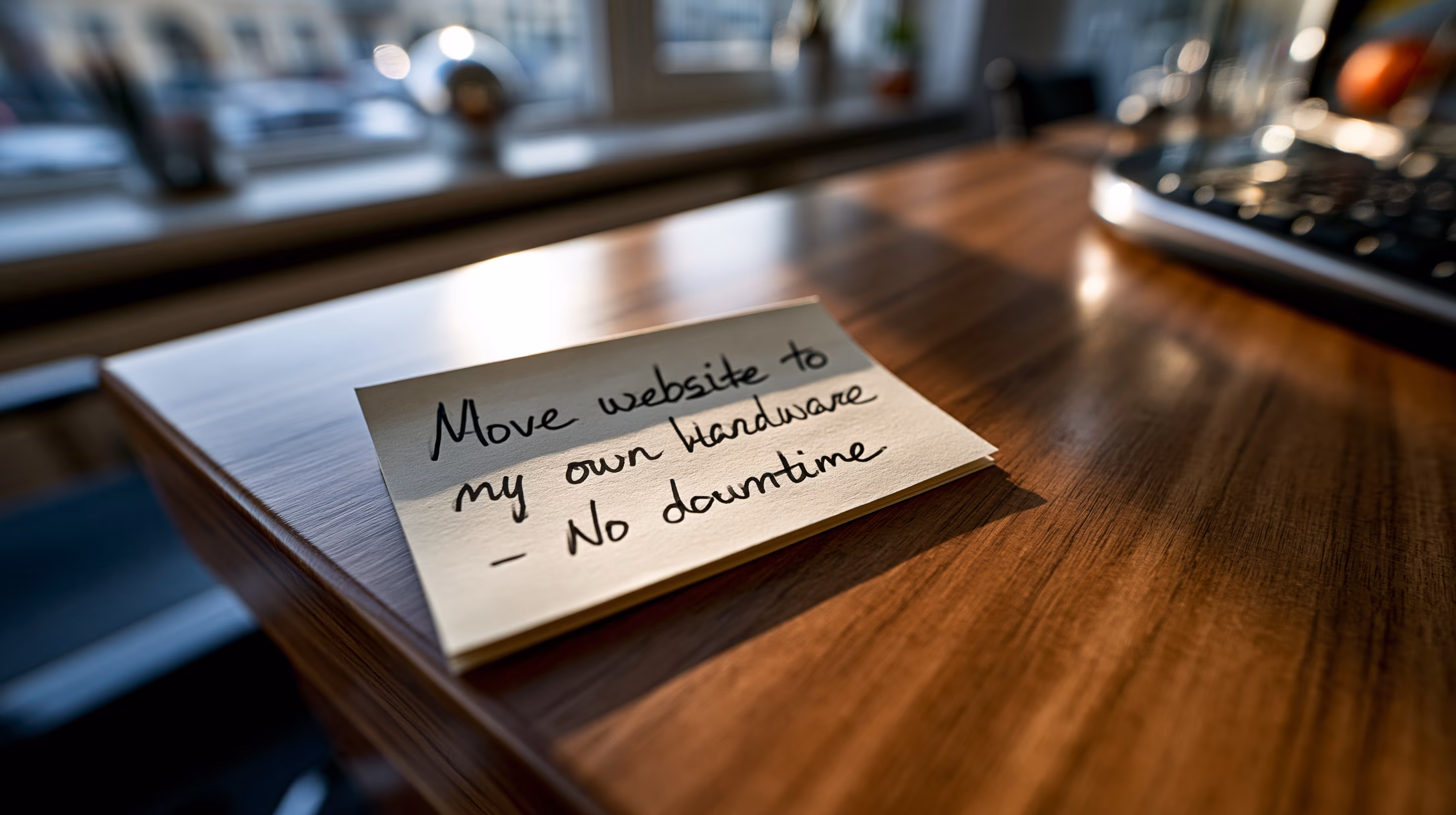 A handwritten outcome card in focus on a desk while a man sits back, hands off the keyboard, watching a laptop do the work.