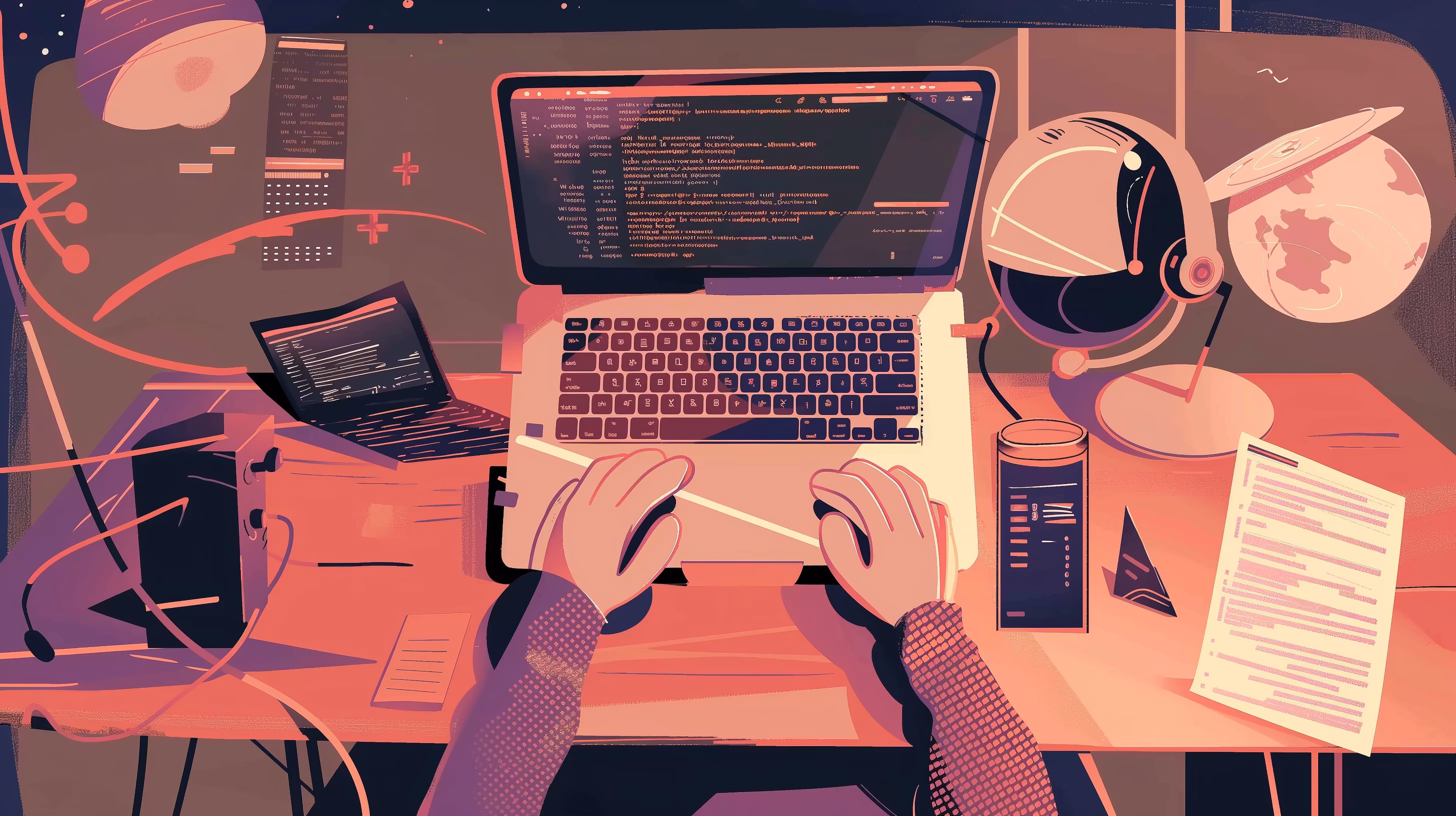 messy desk with laptop
