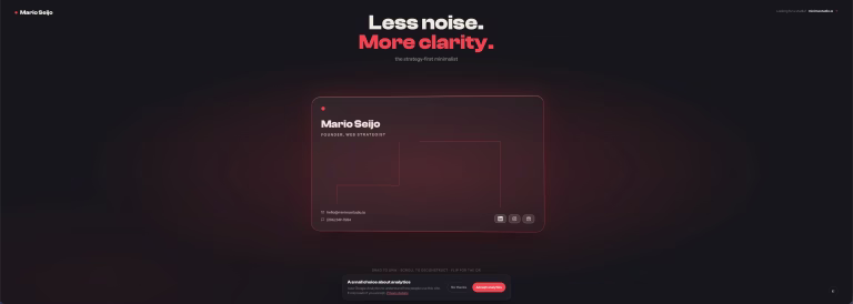 A screenshot of marioseijo.com with the main message visible, and a generic consent banner competing for attention.