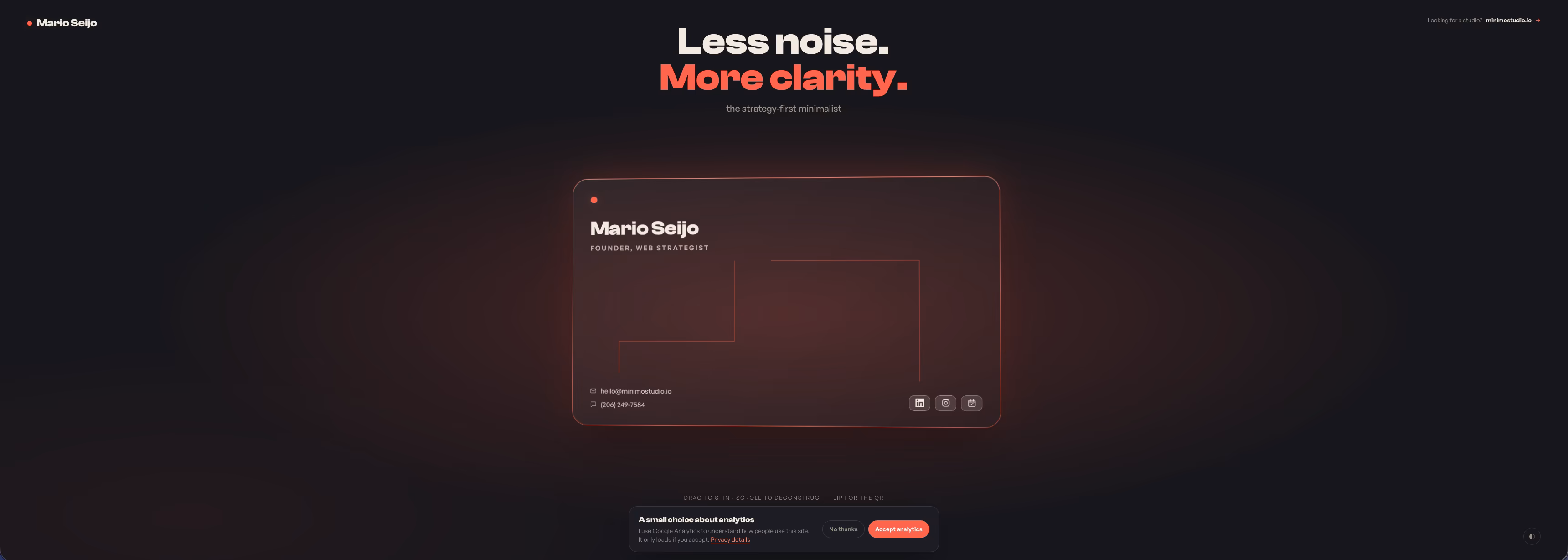 A screenshot of marioseijo.com with the main message visible, and a generic consent banner competing for attention.